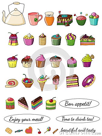 Illustration of delicious beautiful doodle-style cakes. Cartoon Illustration